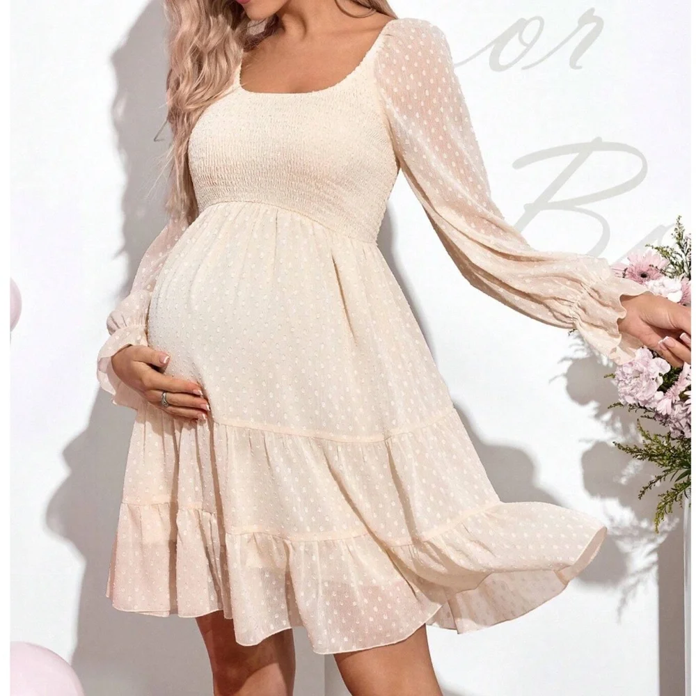 Maternity Polka Dot Shirred Bust Long Sleeve Ruffle Mini Dress